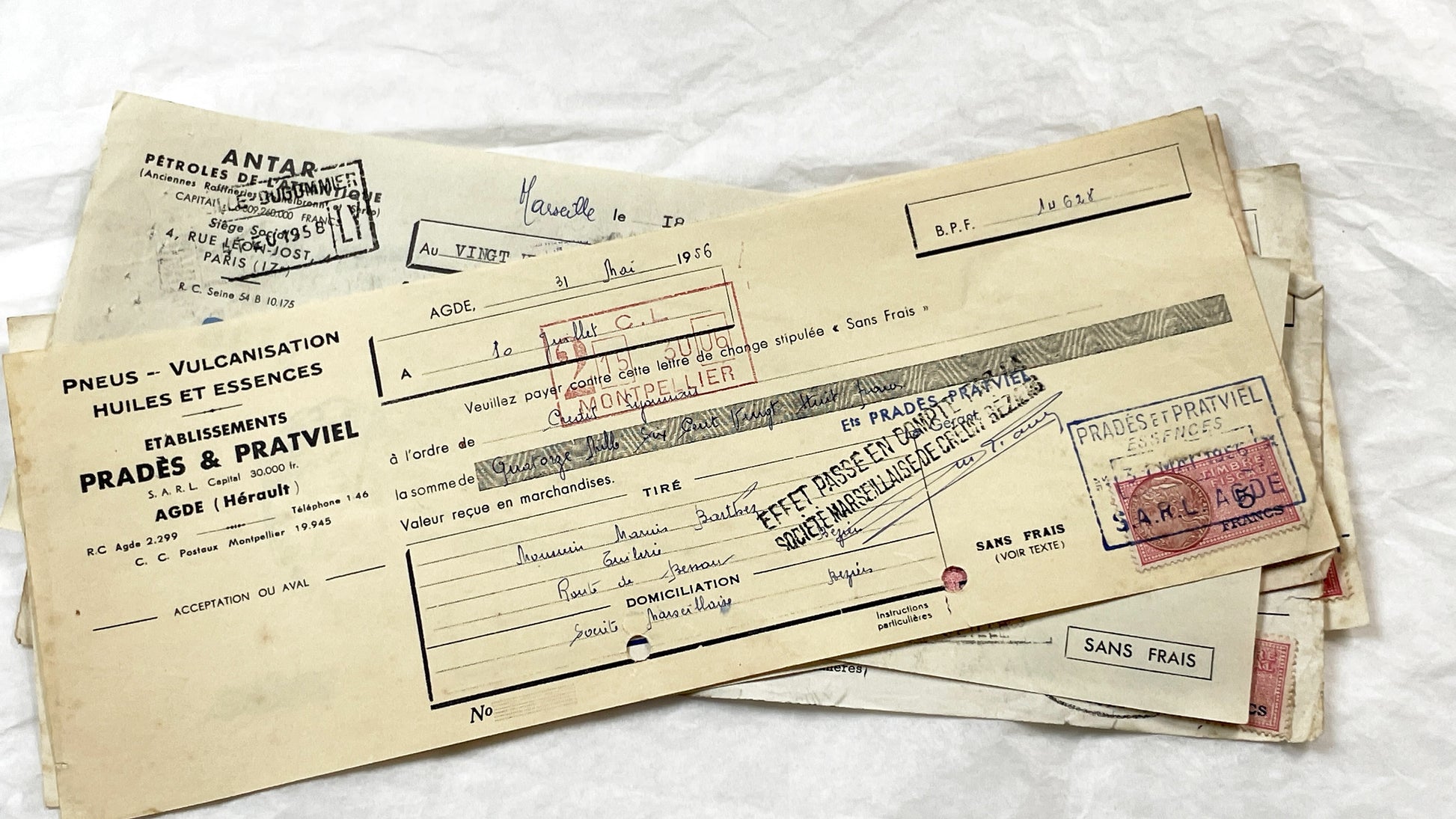1950s - Lot of 6 Vintage French Bills of Exchange – Handwritten Commercial Documents with Stamps