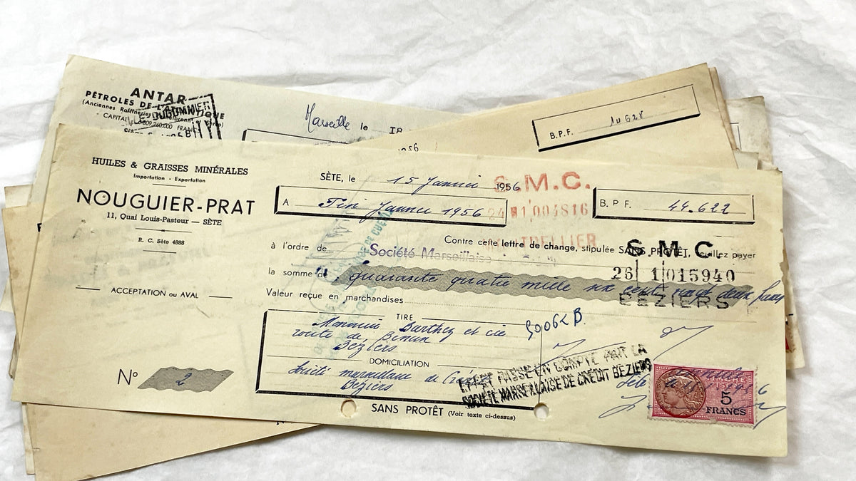 1950s - Lot of 6 Vintage French Bills of Exchange – Handwritten Commercial Documents with Stamps