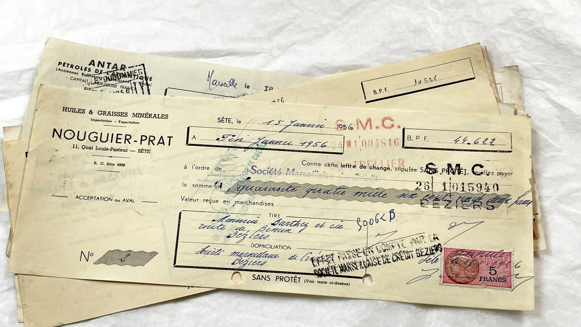 1950s - Lot of 6 Vintage French Bills of Exchange – Handwritten Commercial Documents with Stamps