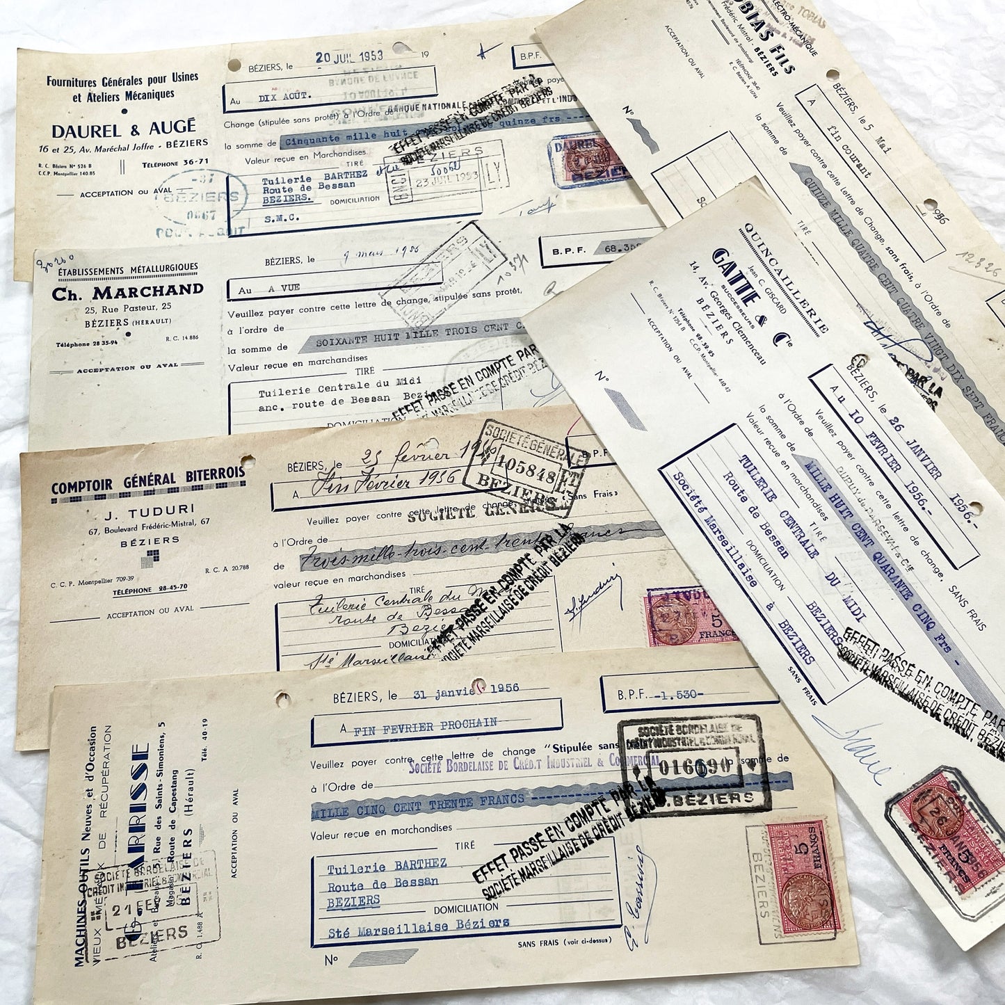 1950s - Lot of 6 Vintage French Bills of Exchange – Handwritten Commercial Documents with Stamps