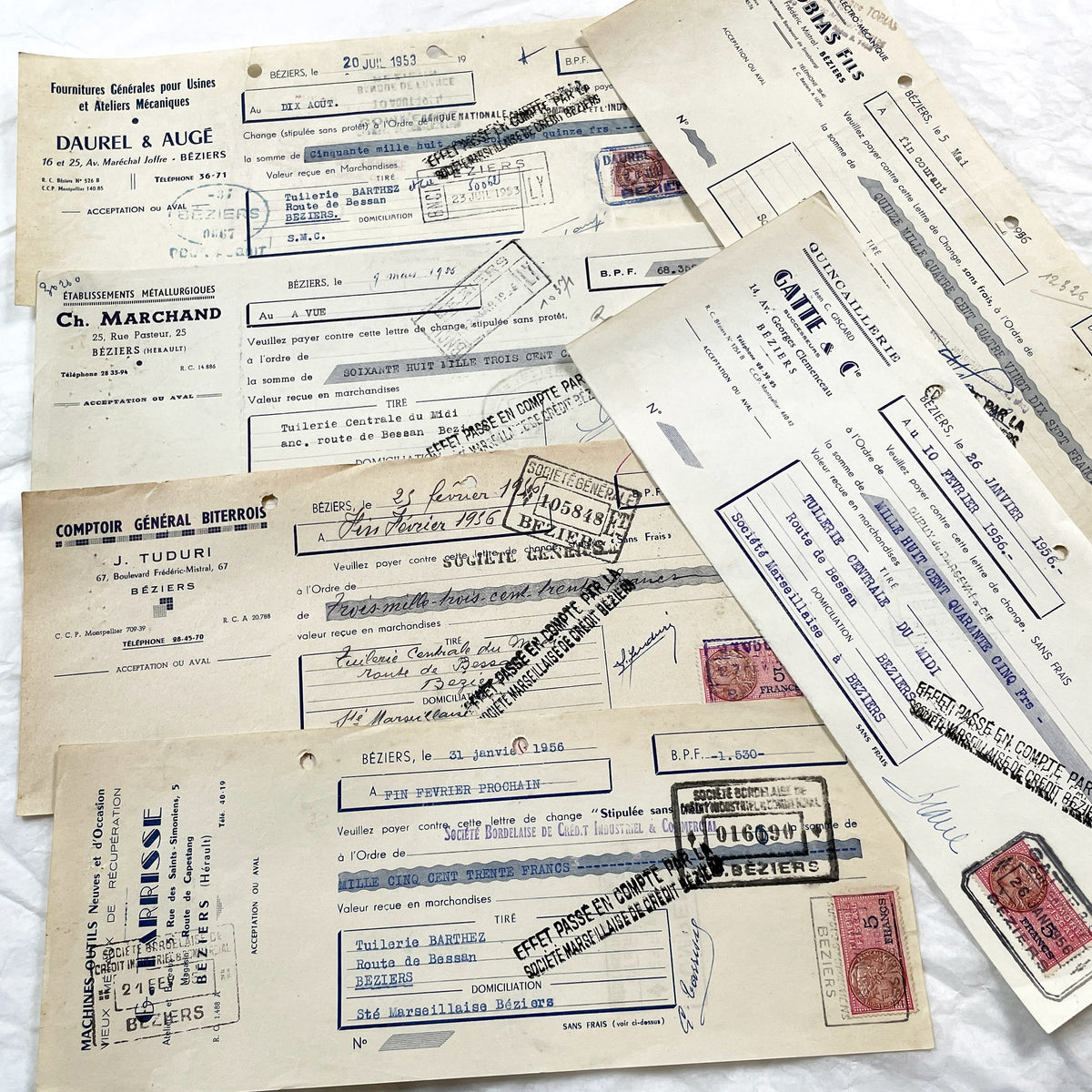 1950s - Lot of 6 Vintage French Bills of Exchange – Handwritten Commercial Documents with Stamps