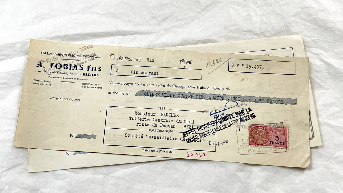 1950s - Lot of 6 Vintage French Bills of Exchange – Handwritten Commercial Documents with Stamps