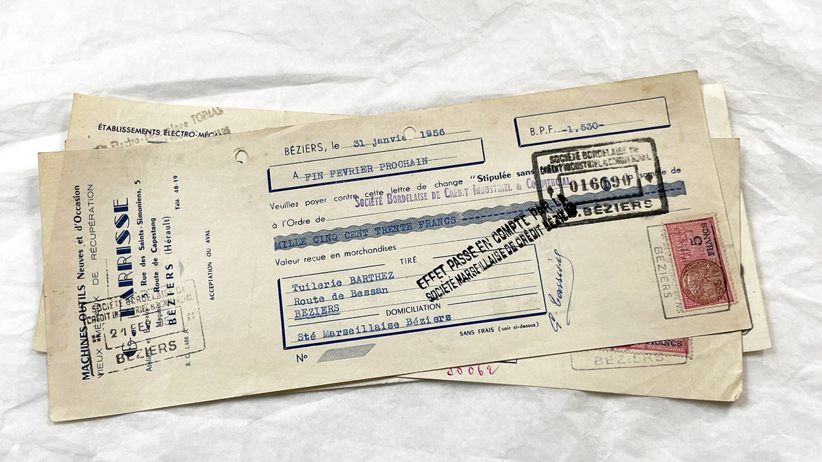 1950s - Lot of 6 Vintage French Bills of Exchange – Handwritten Commercial Documents with Stamps