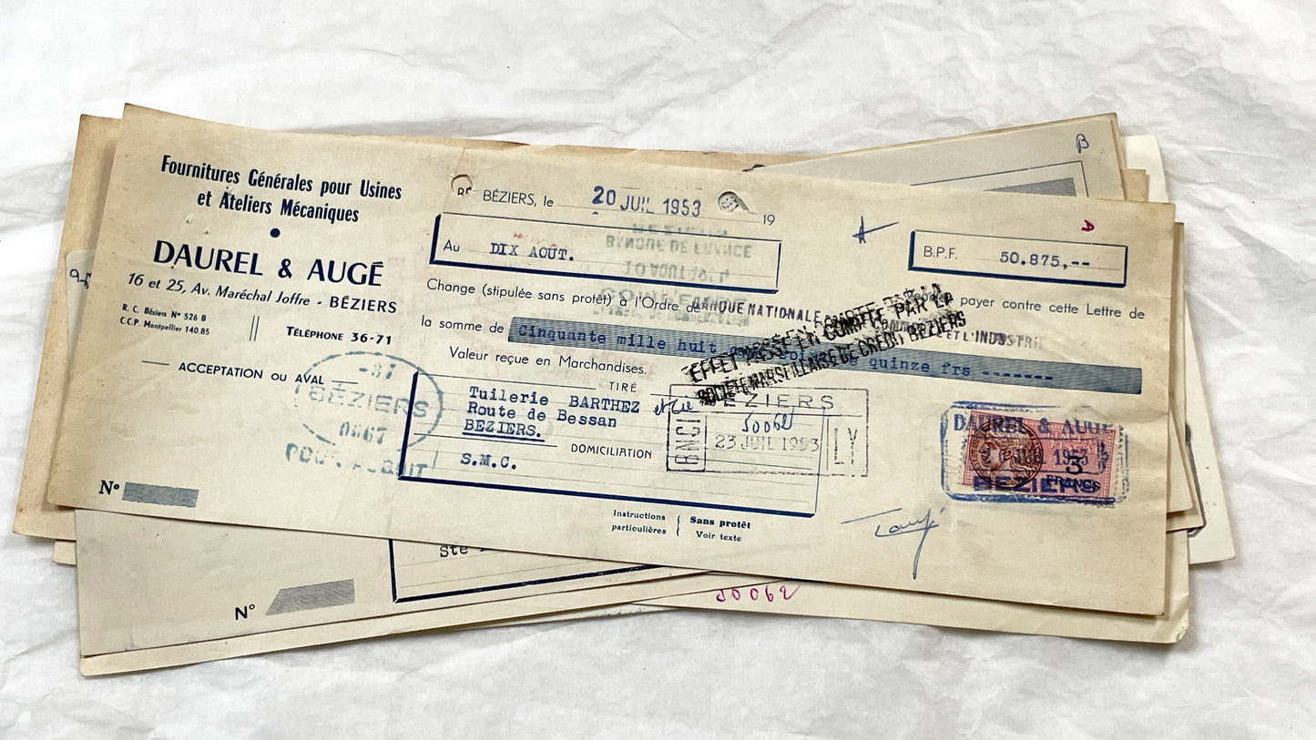 1950s - Lot of 6 Vintage French Bills of Exchange – Handwritten Commercial Documents with Stamps