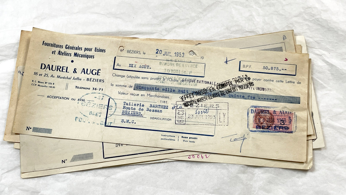 1950s - Lot of 6 Vintage French Bills of Exchange – Handwritten Commercial Documents with Stamps