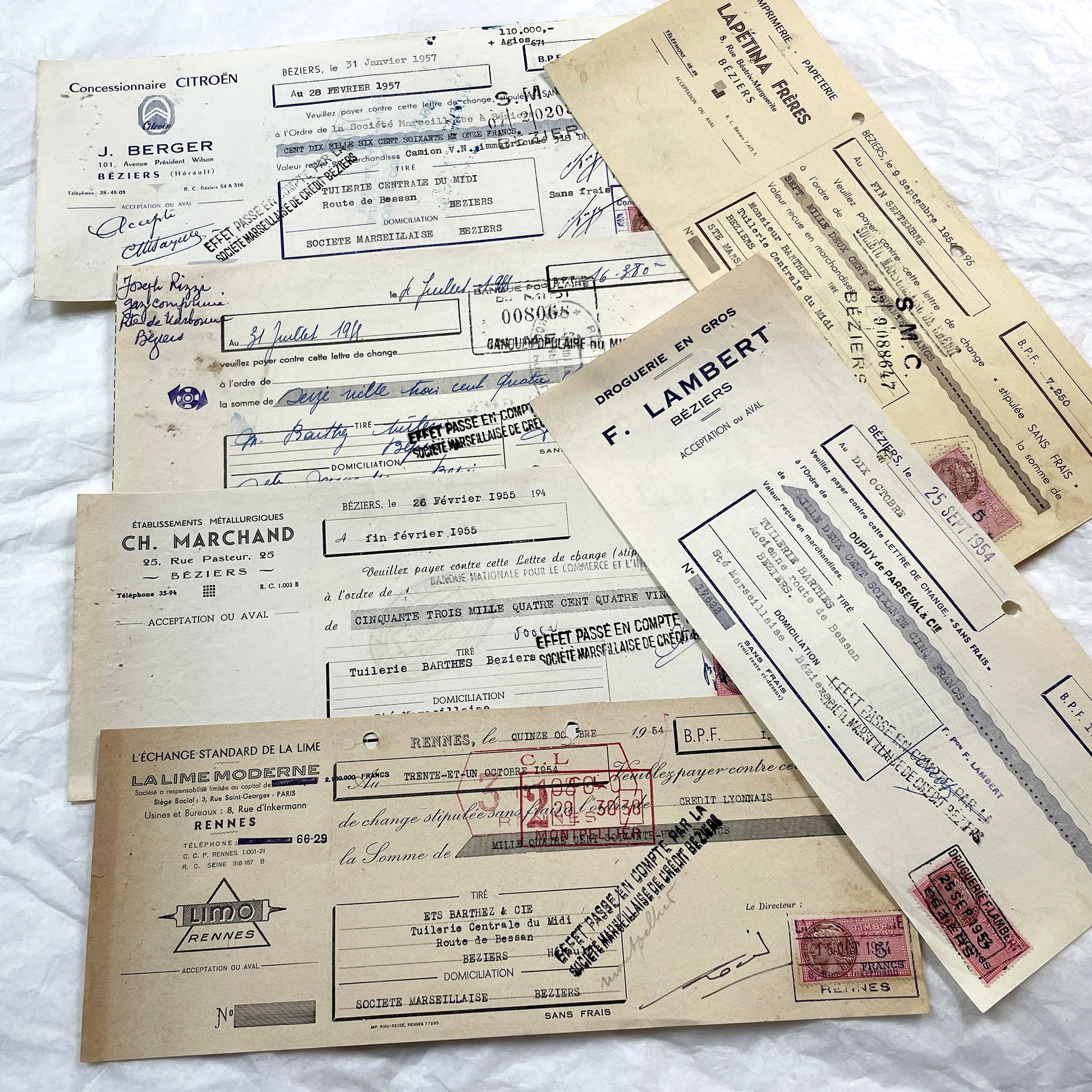 1950s - Lot of 6 Vintage French Bills of Exchange – Handwritten Commercial Documents with Stamps