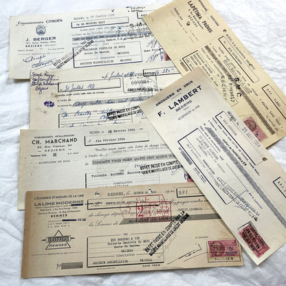 1950s - Lot of 6 Vintage French Bills of Exchange – Handwritten Commercial Documents with Stamps