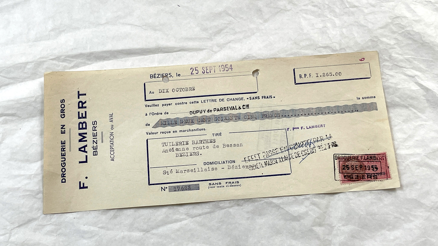 1950s - Lot of 6 Vintage French Bills of Exchange – Handwritten Commercial Documents with Stamps