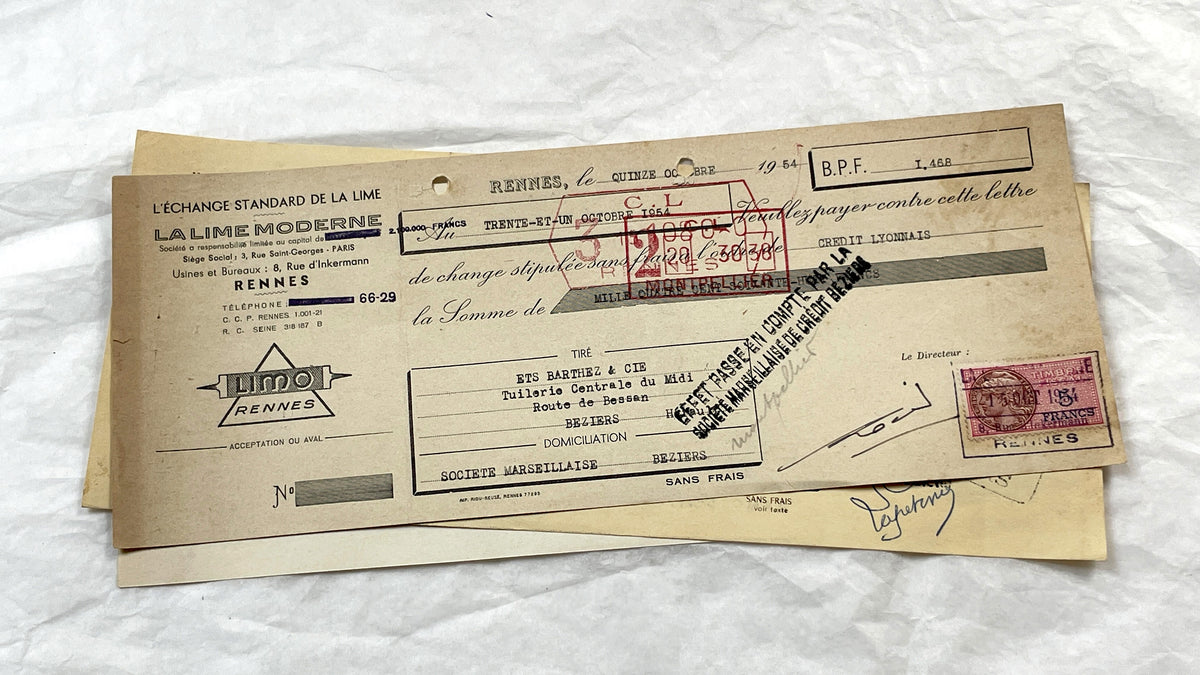 1950s - Lot of 6 Vintage French Bills of Exchange – Handwritten Commercial Documents with Stamps