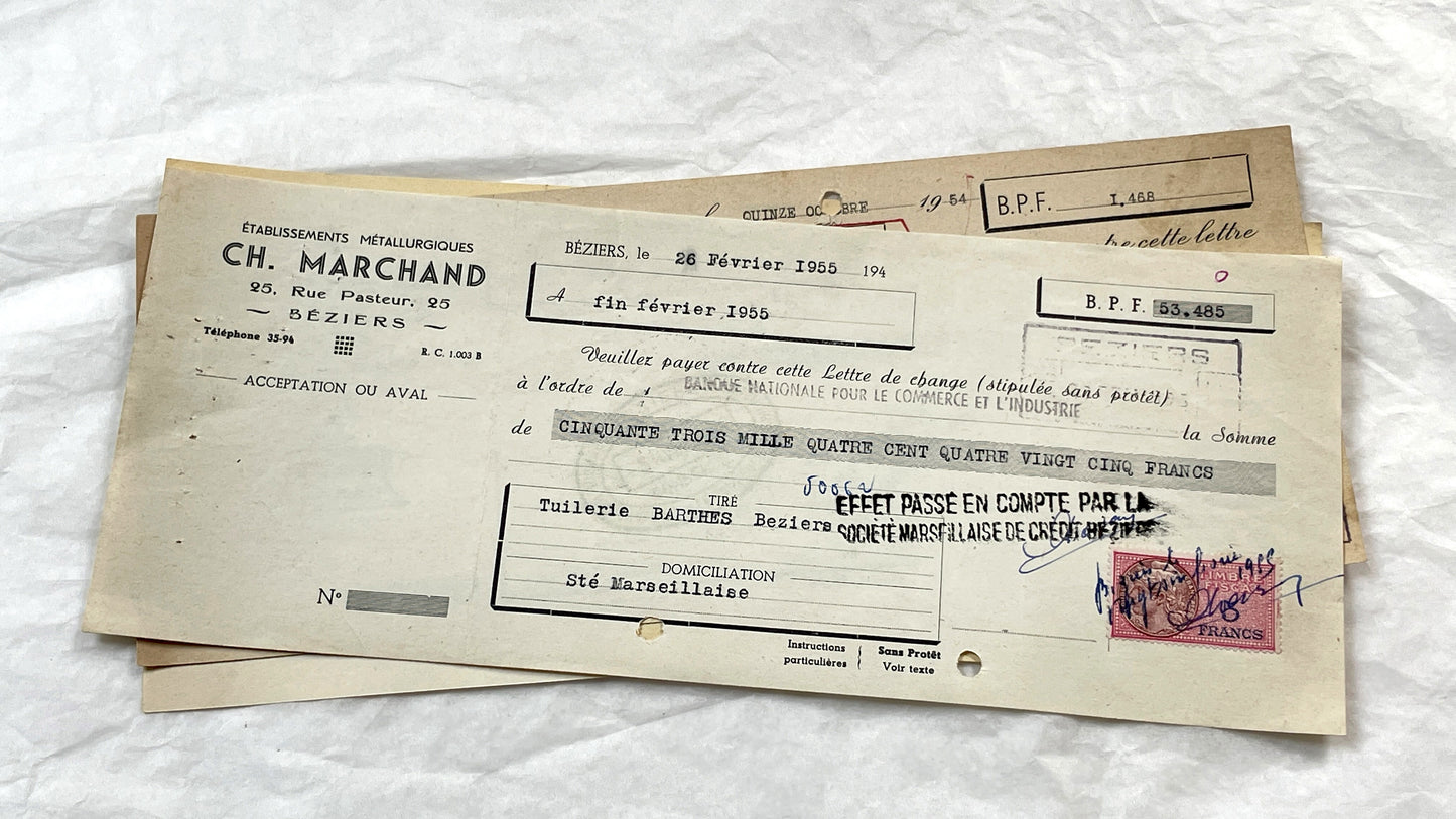 1950s - Lot of 6 Vintage French Bills of Exchange – Handwritten Commercial Documents with Stamps
