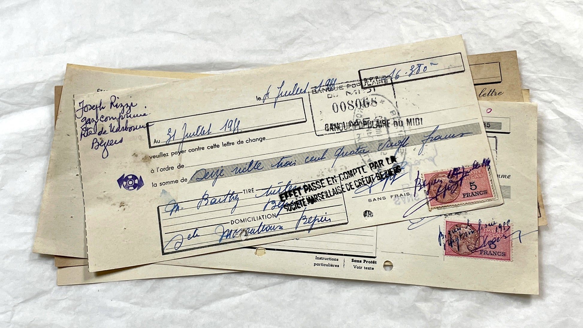 1950s - Lot of 6 Vintage French Bills of Exchange – Handwritten Commercial Documents with Stamps