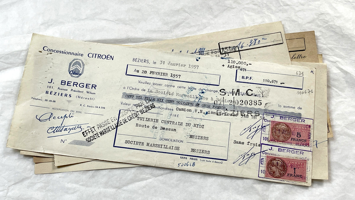 1950s - Lot of 6 Vintage French Bills of Exchange – Handwritten Commercial Documents with Stamps