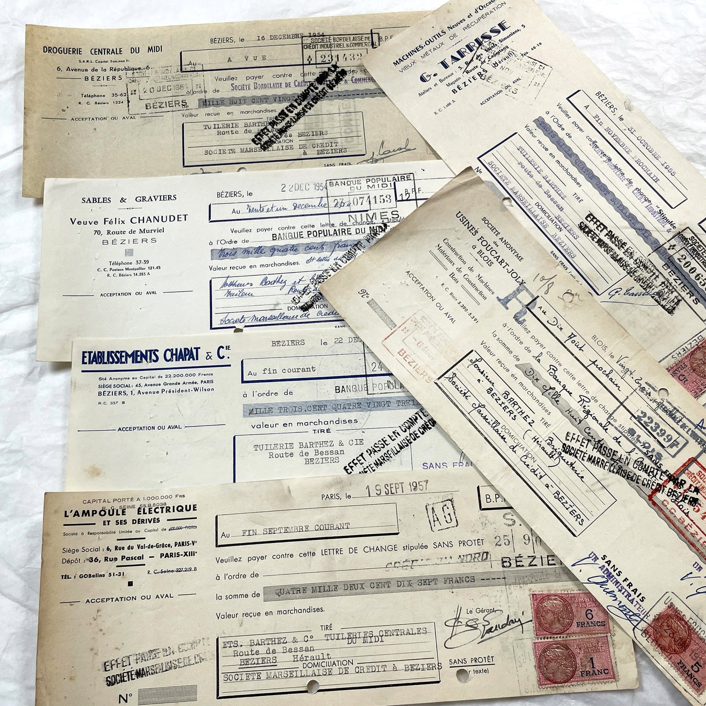 1950s - Lot of 6 Vintage French Bills of Exchange – Handwritten Commercial Documents with Stamps