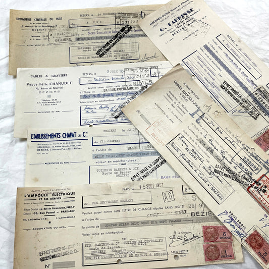 1950s - Lot of 6 Vintage French Bills of Exchange – Handwritten Commercial Documents with Stamps
