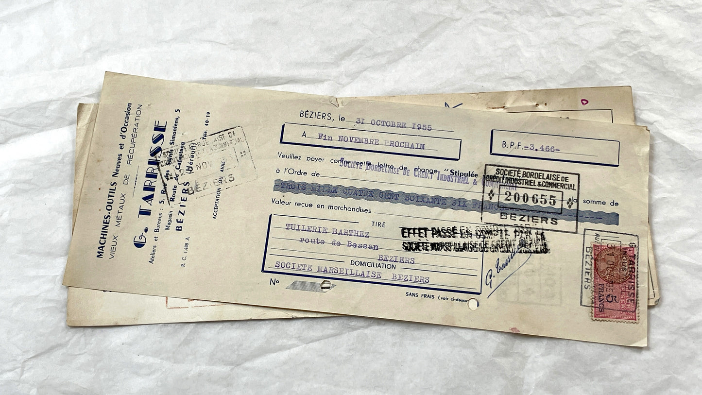 1950s - Lot of 6 Vintage French Bills of Exchange – Handwritten Commercial Documents with Stamps