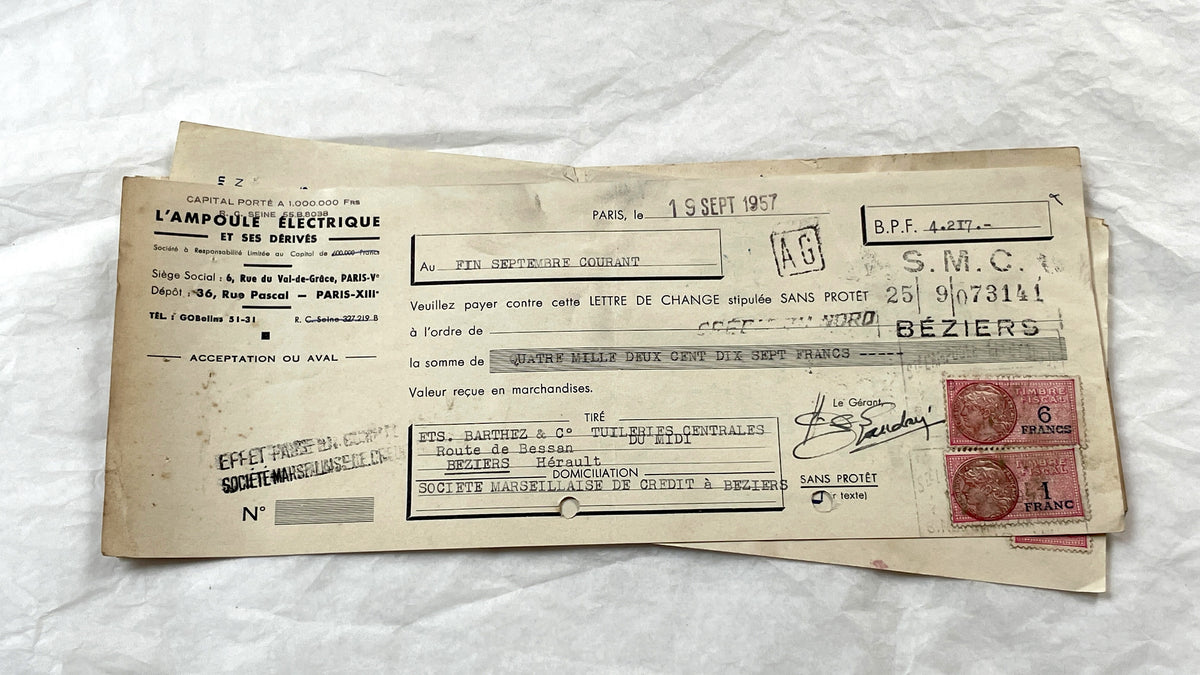 1950s - Lot of 6 Vintage French Bills of Exchange – Handwritten Commercial Documents with Stamps