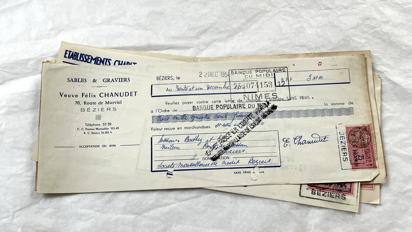 1950s - Lot of 6 Vintage French Bills of Exchange – Handwritten Commercial Documents with Stamps