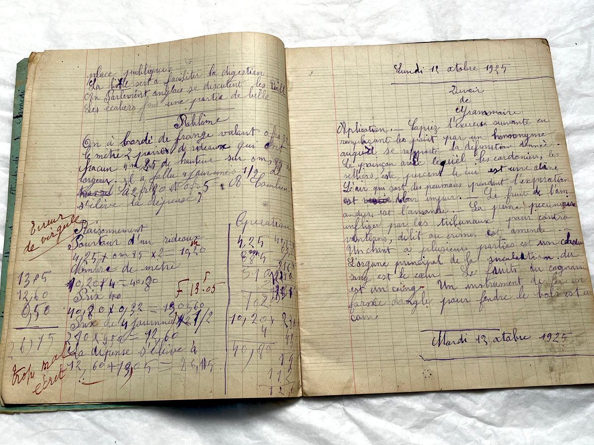 1920s - Vintage French School Notebook - Girl's Handwritten Journal - Classroom Ephemera