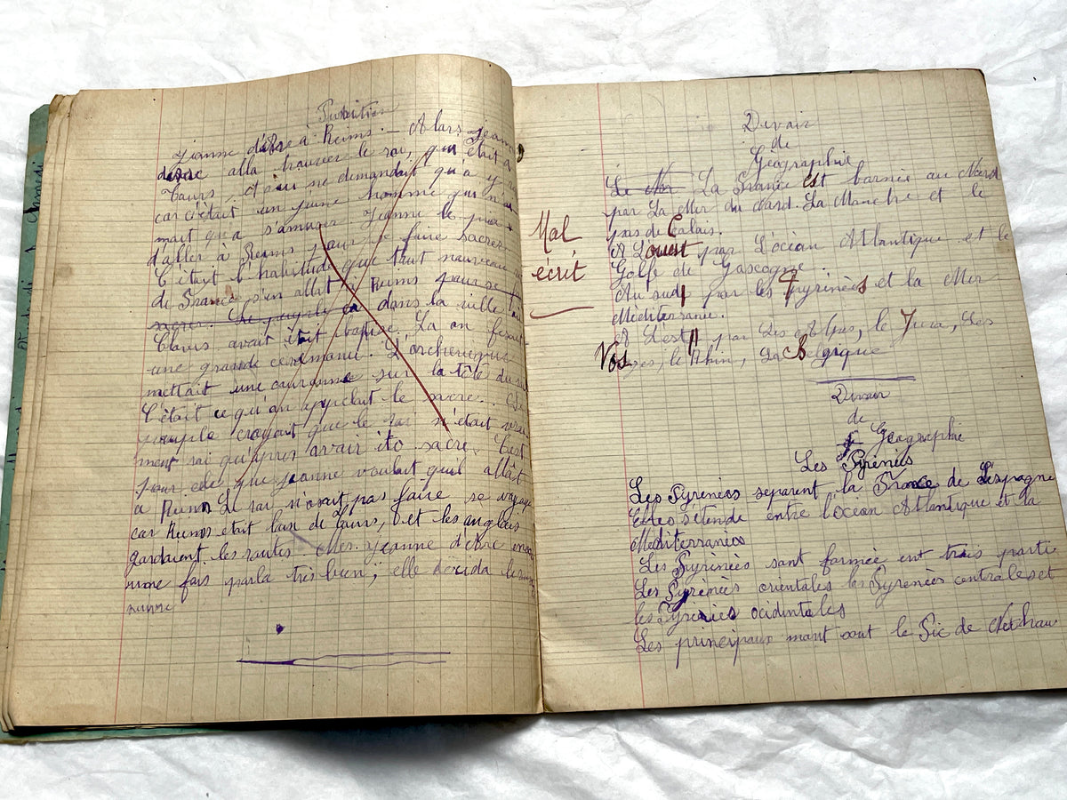 1920s - Vintage French School Notebook - Girl's Handwritten Journal - Classroom Ephemera