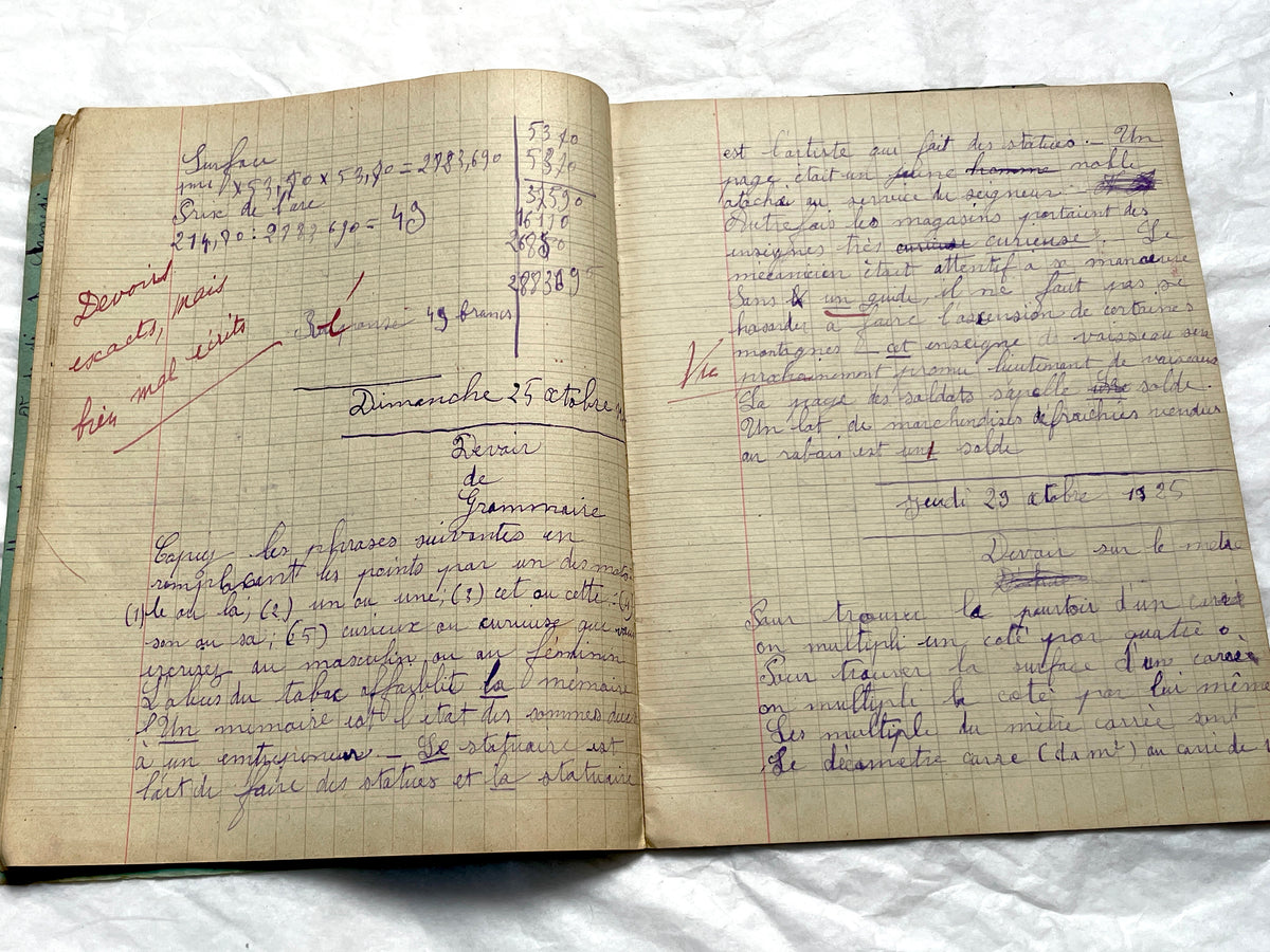 1920s - Vintage French School Notebook - Girl's Handwritten Journal - Classroom Ephemera