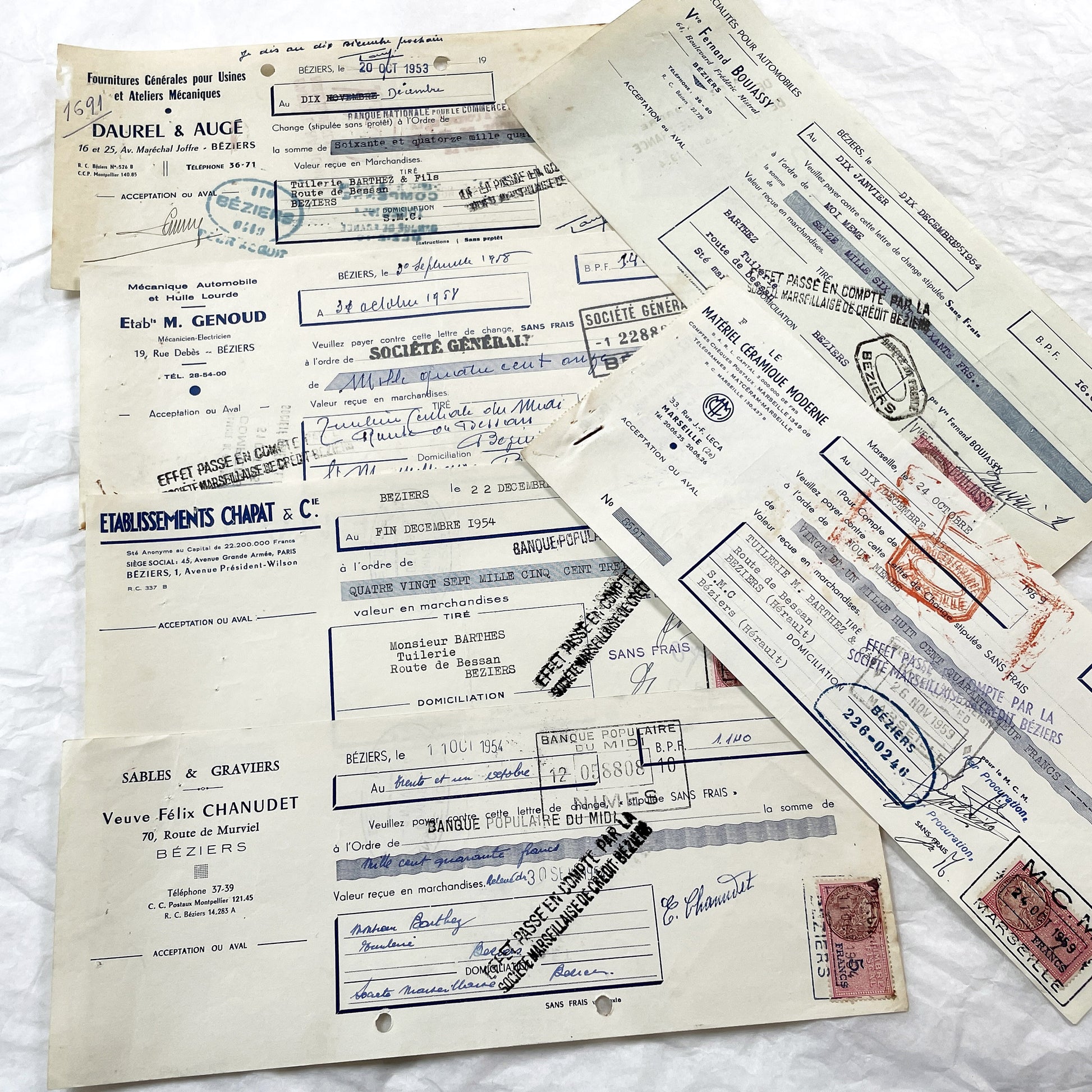 1950s - Lot of 6 Vintage French Bills of Exchange – Handwritten Commercial Documents with Stamps