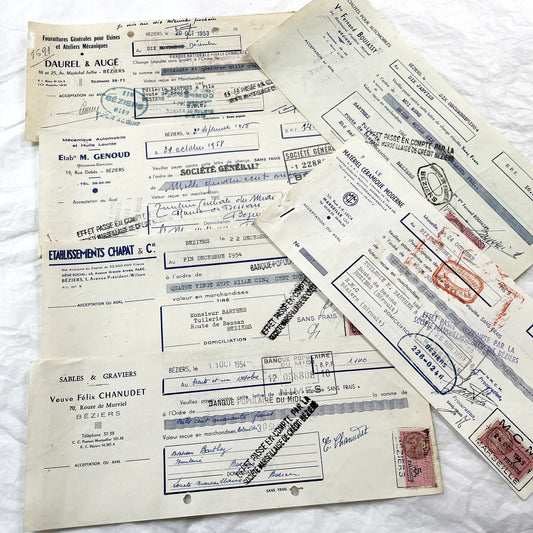 1950s - Lot of 6 Vintage French Bills of Exchange – Handwritten Commercial Documents with Stamps