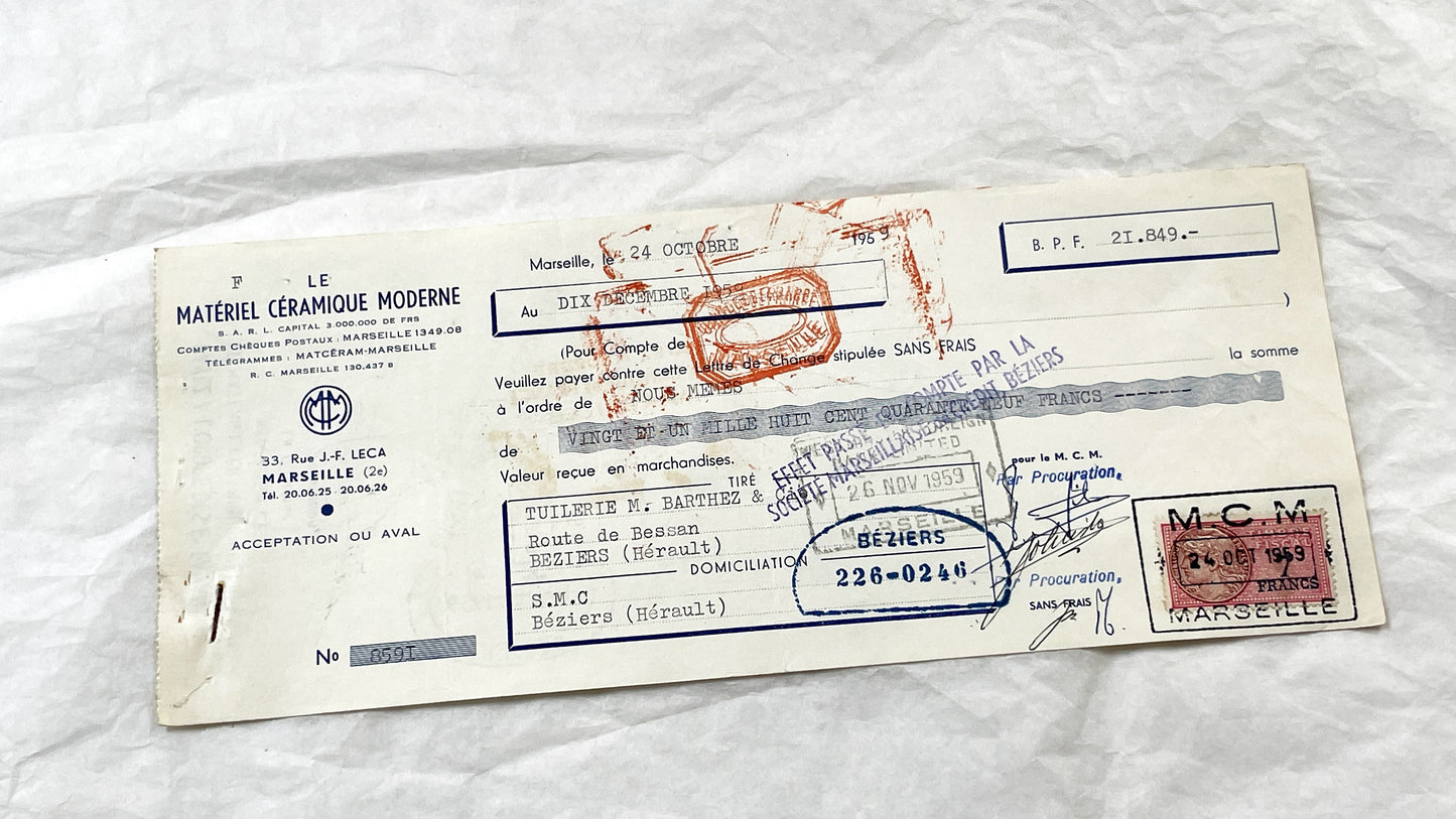 1950s - Lot of 6 Vintage French Bills of Exchange – Handwritten Commercial Documents with Stamps