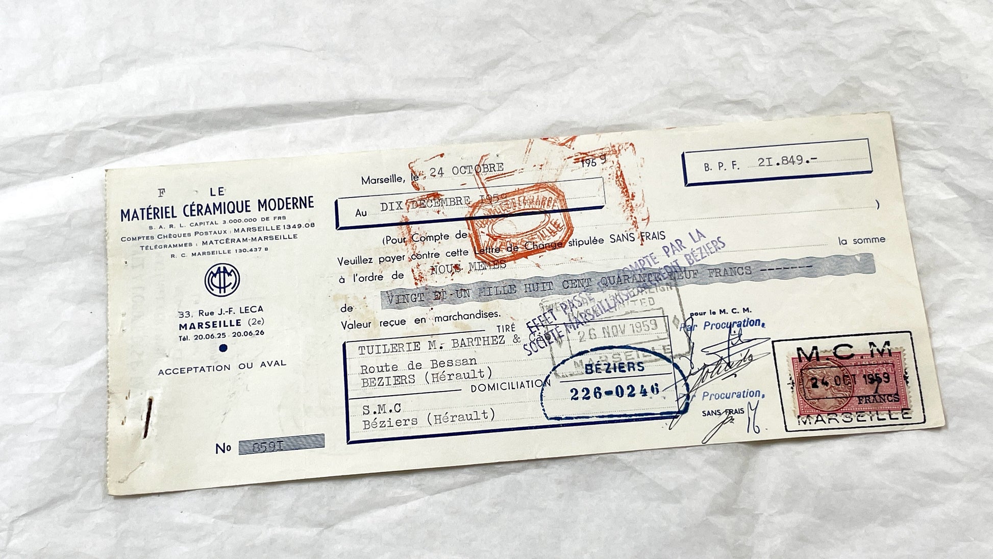 1950s - Lot of 6 Vintage French Bills of Exchange – Handwritten Commercial Documents with Stamps