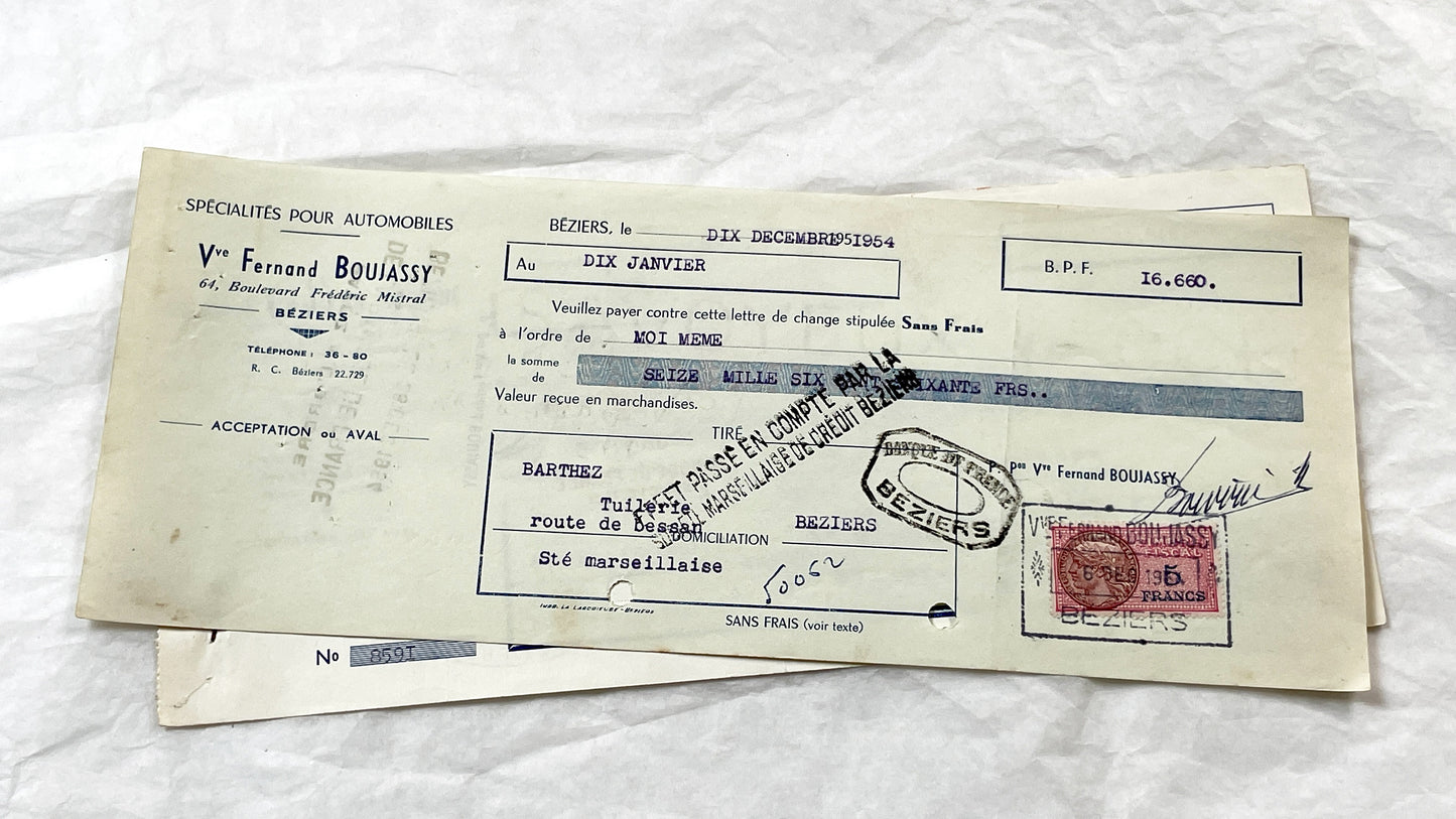 1950s - Lot of 6 Vintage French Bills of Exchange – Handwritten Commercial Documents with Stamps