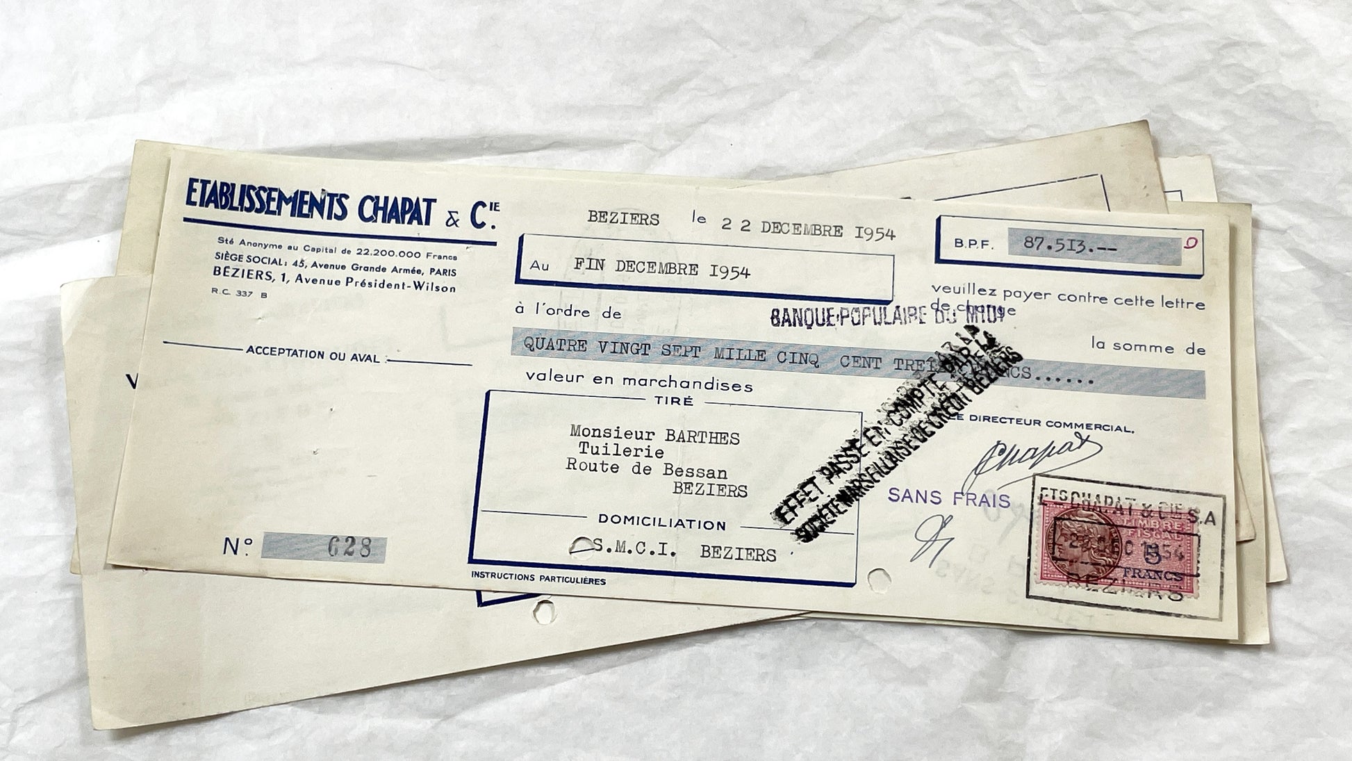 1950s - Lot of 6 Vintage French Bills of Exchange – Handwritten Commercial Documents with Stamps