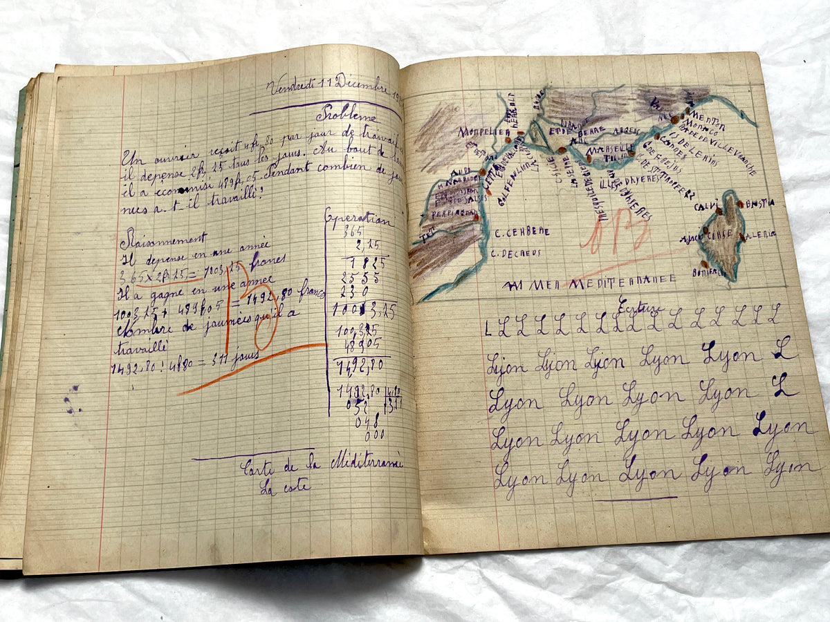 1920s - Vintage French School Notebook - Girl's Handwritten Journal - Classroom Ephemera