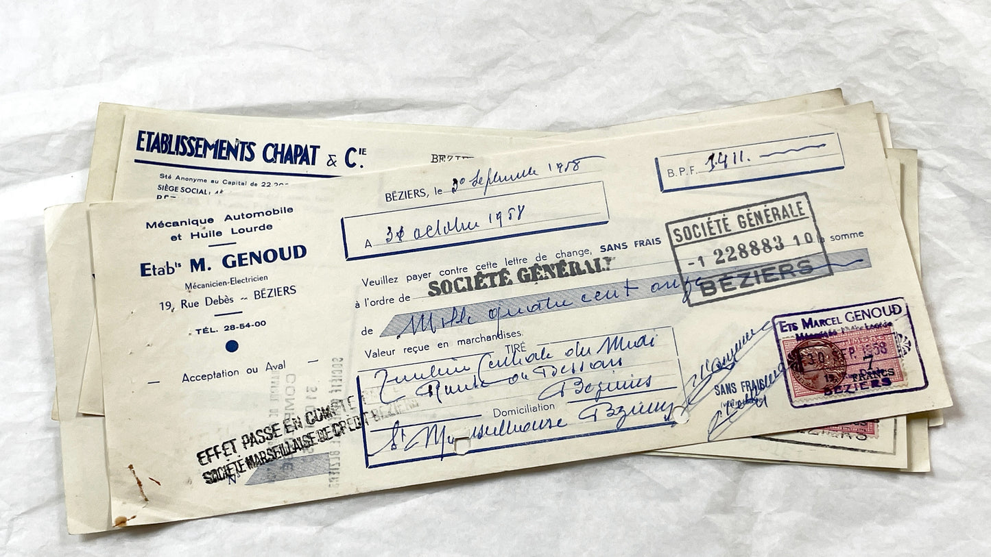 1950s - Lot of 6 Vintage French Bills of Exchange – Handwritten Commercial Documents with Stamps