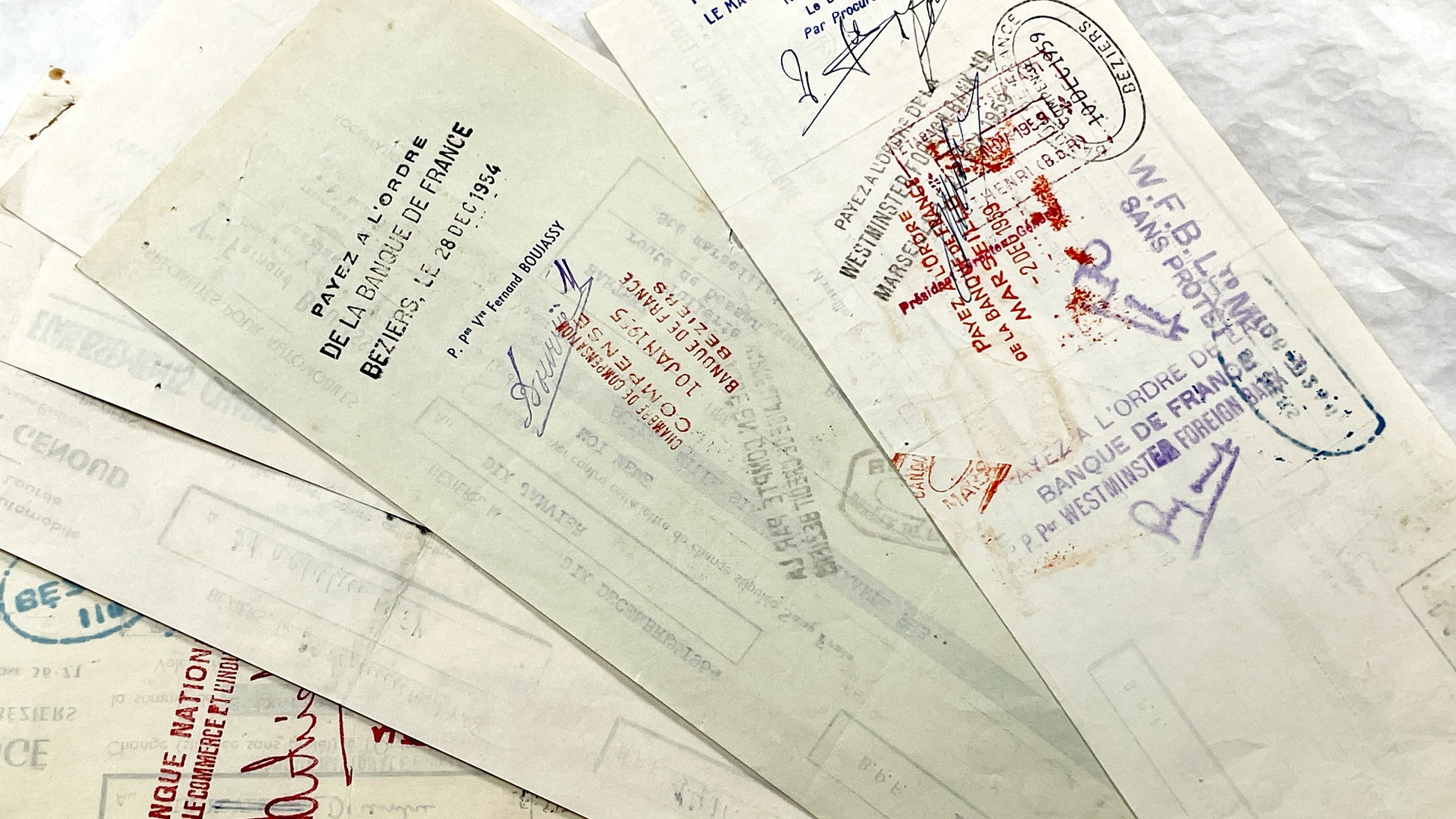 1950s - Lot of 6 Vintage French Bills of Exchange – Handwritten Commercial Documents with Stamps