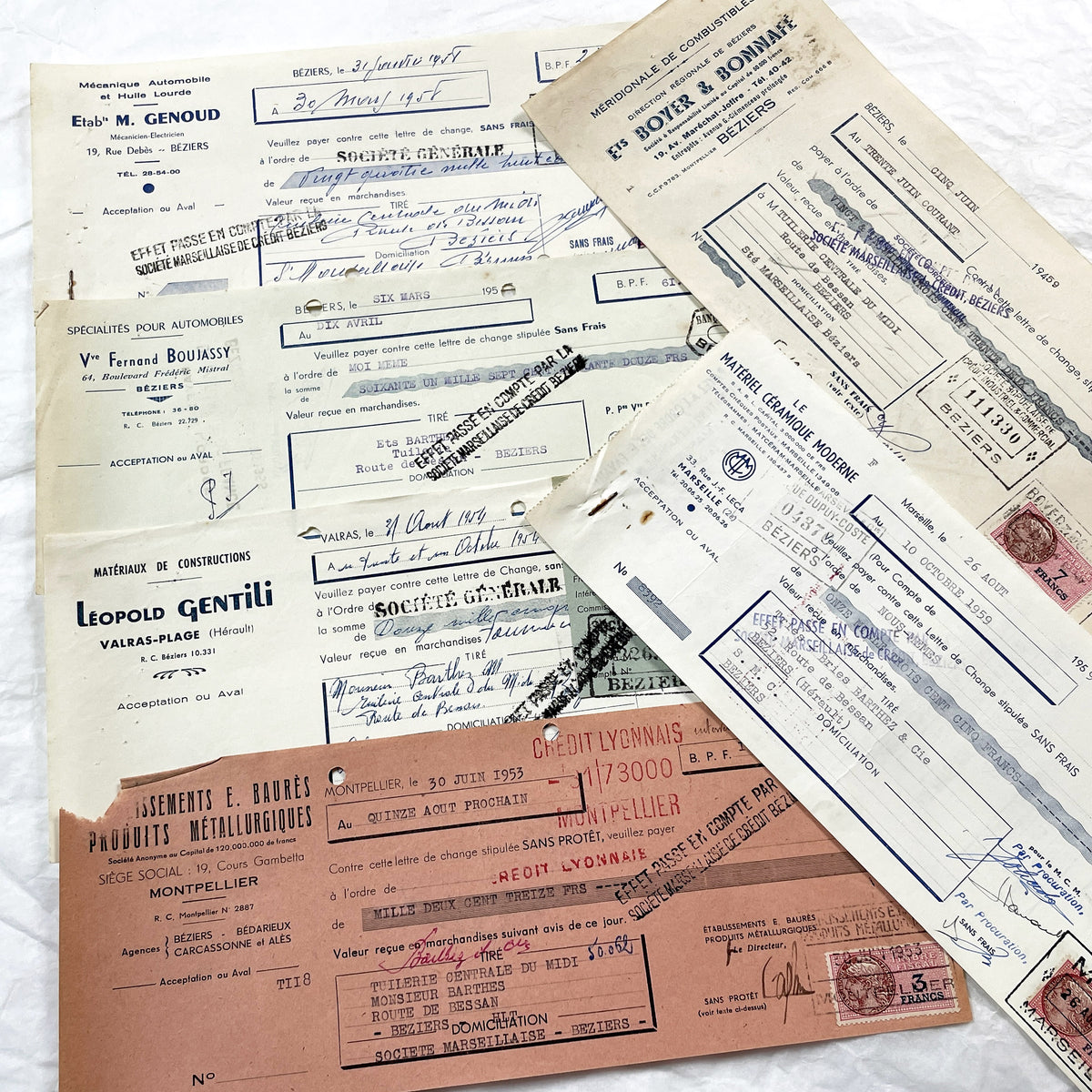 1950s - Lot of 6 Vintage French Bills of Exchange – Handwritten Commercial Documents with Stamps