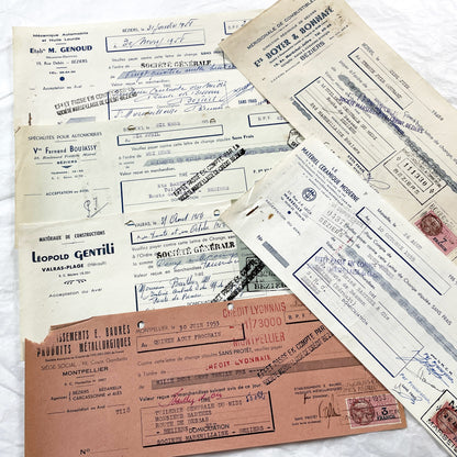 1950s - Lot of 6 Vintage French Bills of Exchange – Handwritten Commercial Documents with Stamps