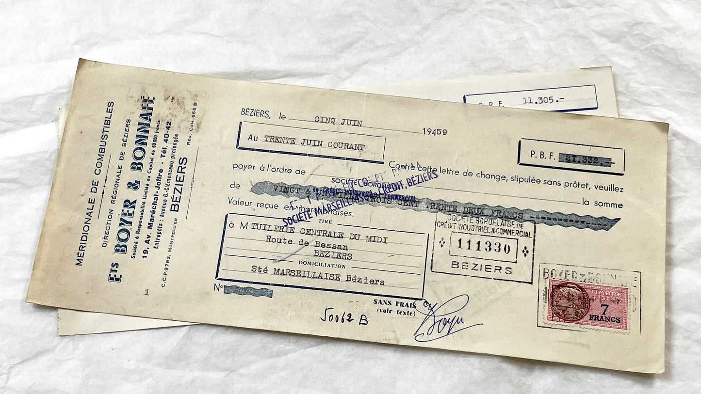 1950s - Lot of 6 Vintage French Bills of Exchange – Handwritten Commercial Documents with Stamps