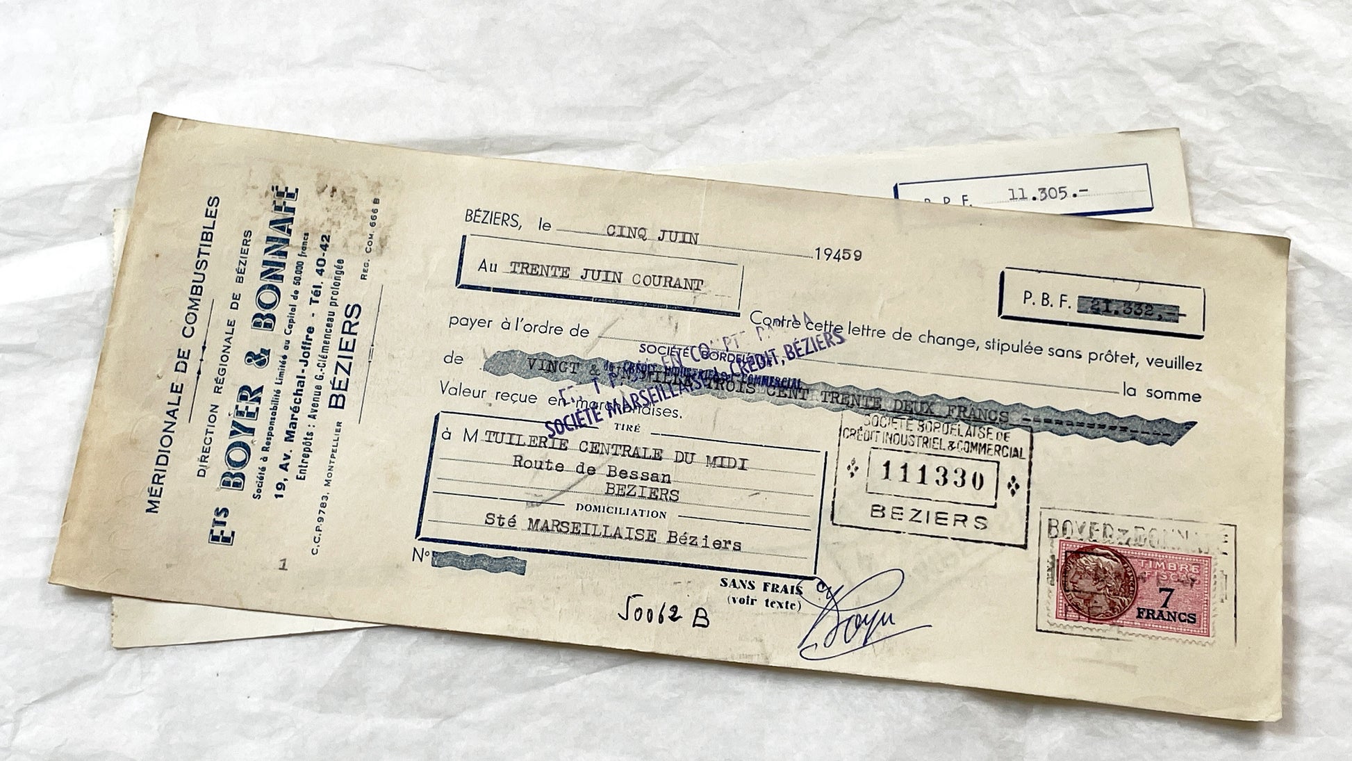 1950s - Lot of 6 Vintage French Bills of Exchange – Handwritten Commercial Documents with Stamps