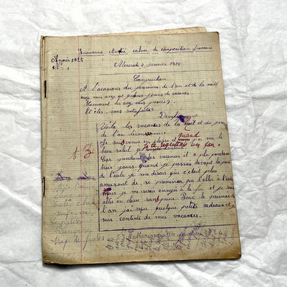 1920s - French School Notebook - Young Girl's Handwritten Composition Book, Grammar & Math Exercises - Vintage French Ephemera