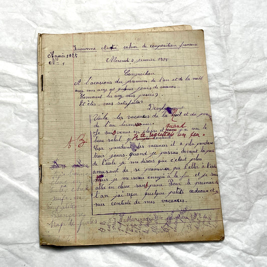 1920s - French School Notebook - Young Girl's Handwritten Composition Book, Grammar & Math Exercises - Vintage French Ephemera