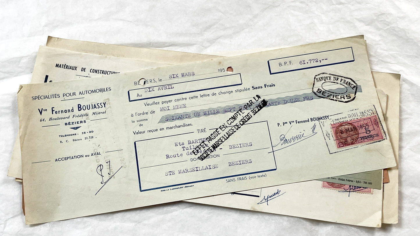 1950s - Lot of 6 Vintage French Bills of Exchange – Handwritten Commercial Documents with Stamps