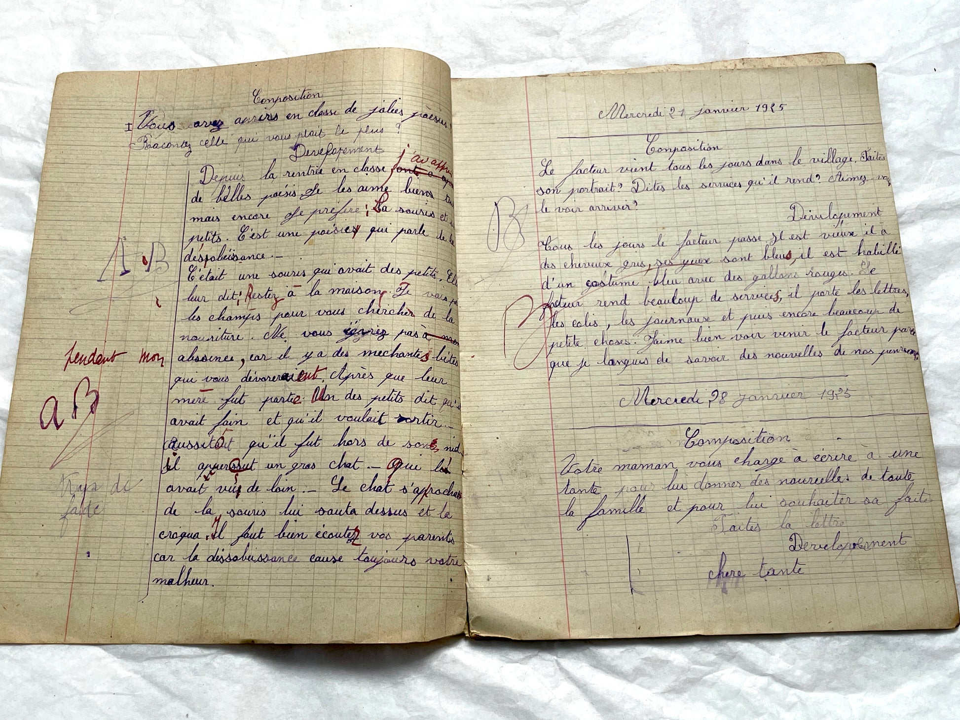 1920s - French School Notebook - Young Girl's Handwritten Composition Book, Grammar & Math Exercises - Vintage French Ephemera