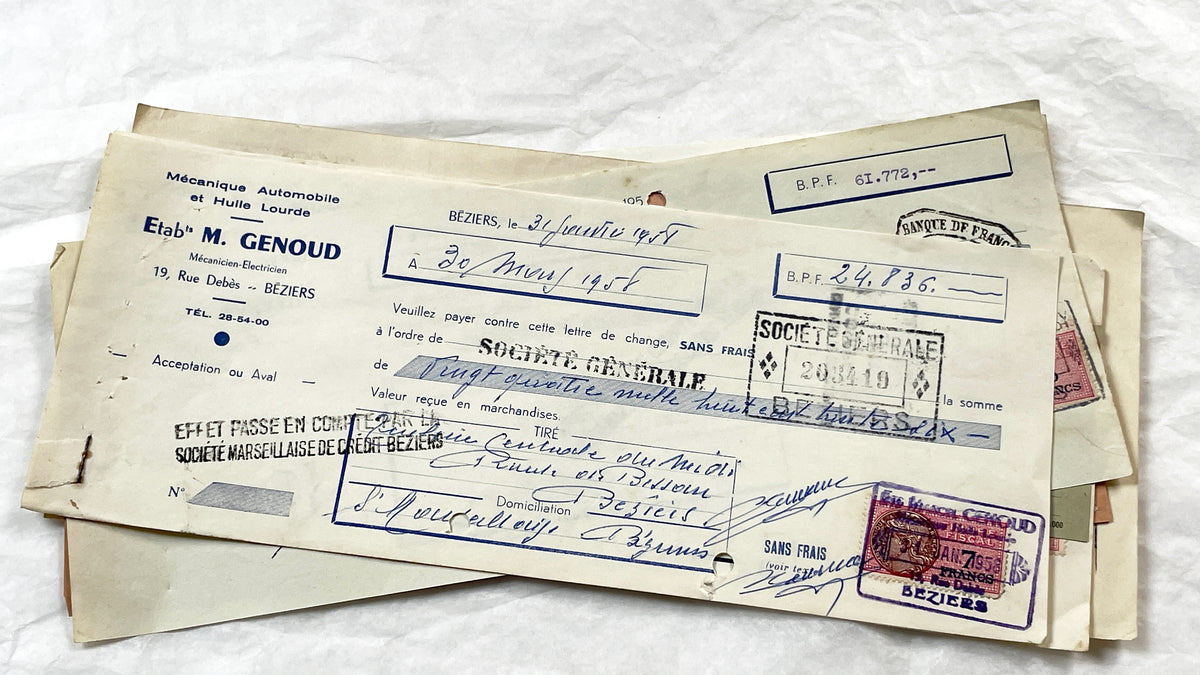 1950s - Lot of 6 Vintage French Bills of Exchange – Handwritten Commercial Documents with Stamps