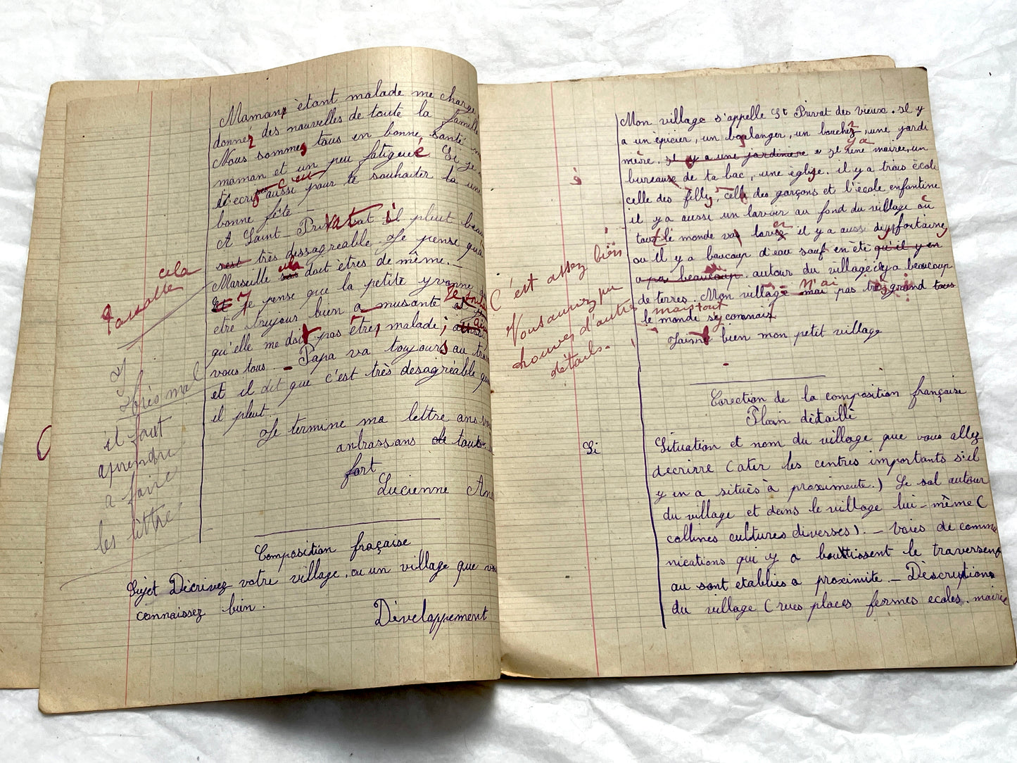 1920s - French School Notebook - Young Girl's Handwritten Composition Book, Grammar & Math Exercises - Vintage French Ephemera