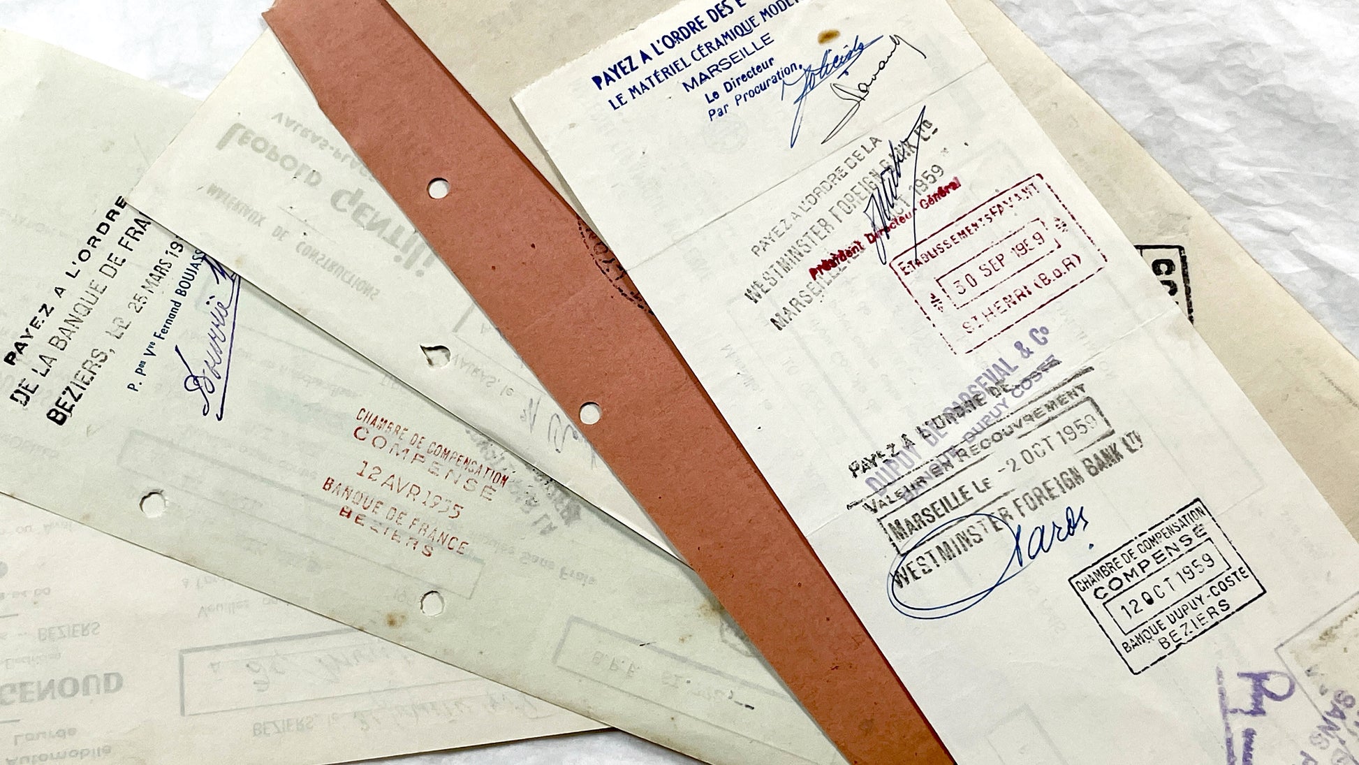 1950s - Lot of 6 Vintage French Bills of Exchange – Handwritten Commercial Documents with Stamps