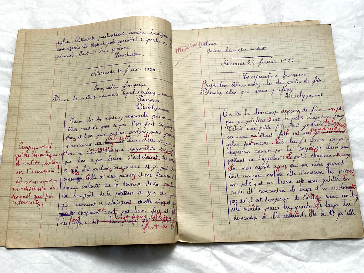 1920s - French School Notebook - Young Girl's Handwritten Composition Book, Grammar & Math Exercises - Vintage French Ephemera