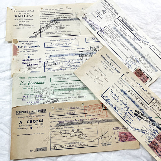 1950s - Lot of 6 Vintage French Bills of Exchange – Handwritten Commercial Documents with Stamps