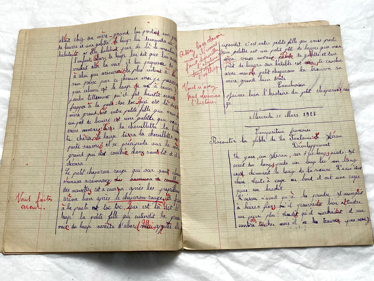 1920s - French School Notebook - Young Girl's Handwritten Composition Book, Grammar & Math Exercises - Vintage French Ephemera