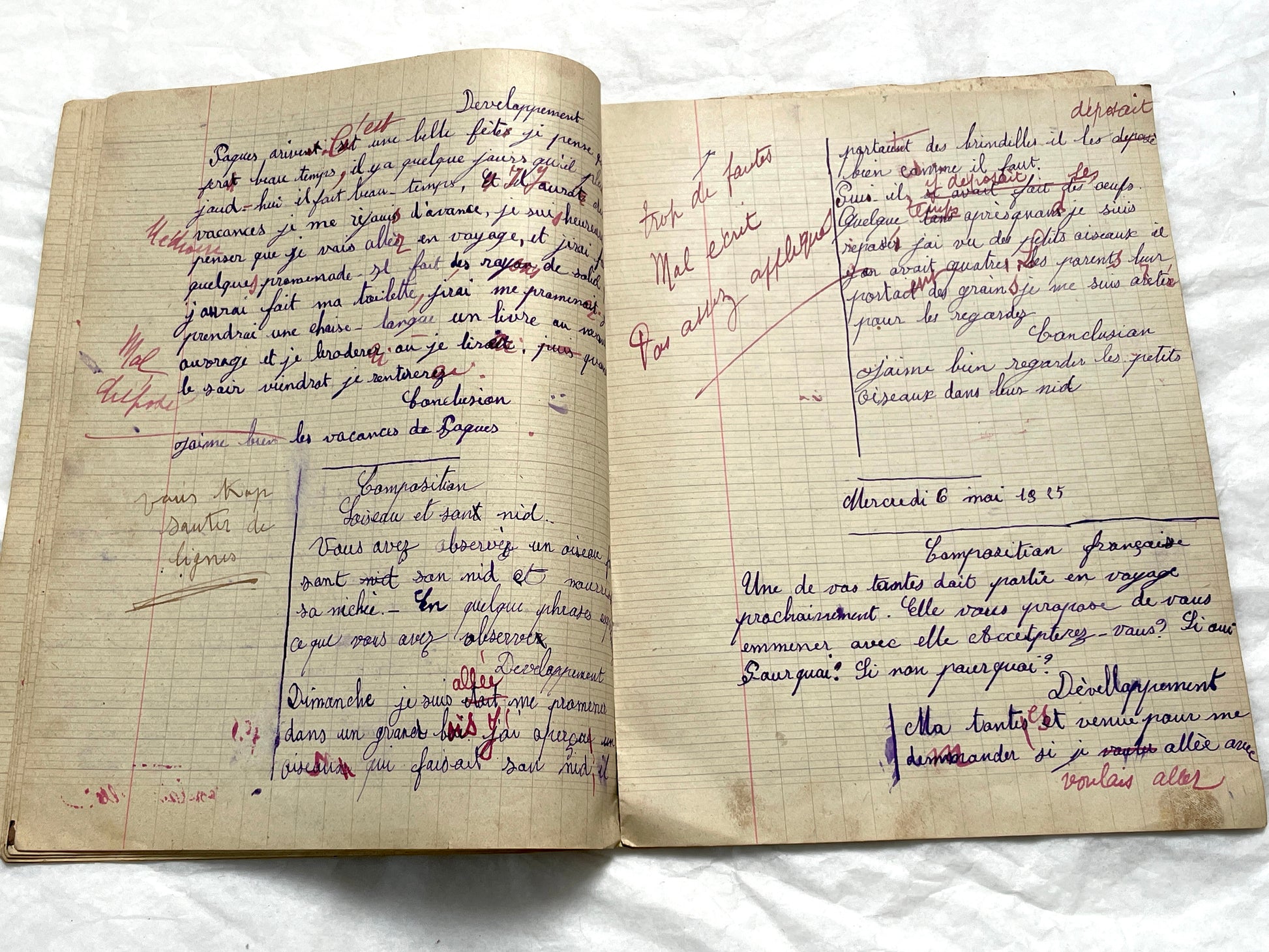 1920s - French School Notebook - Young Girl's Handwritten Composition Book, Grammar & Math Exercises - Vintage French Ephemera