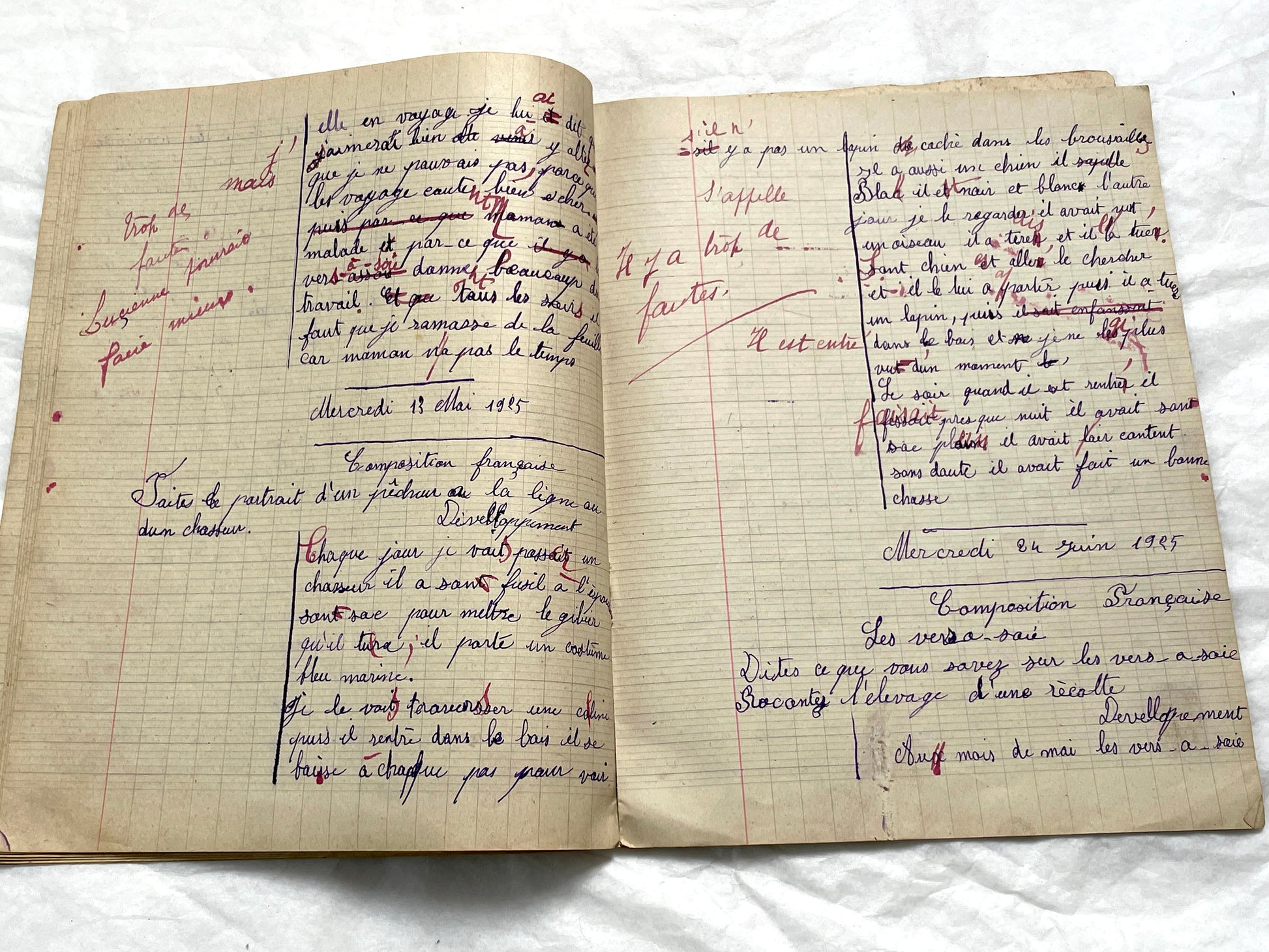 1920s - French School Notebook - Young Girl's Handwritten Composition Book, Grammar & Math Exercises - Vintage French Ephemera