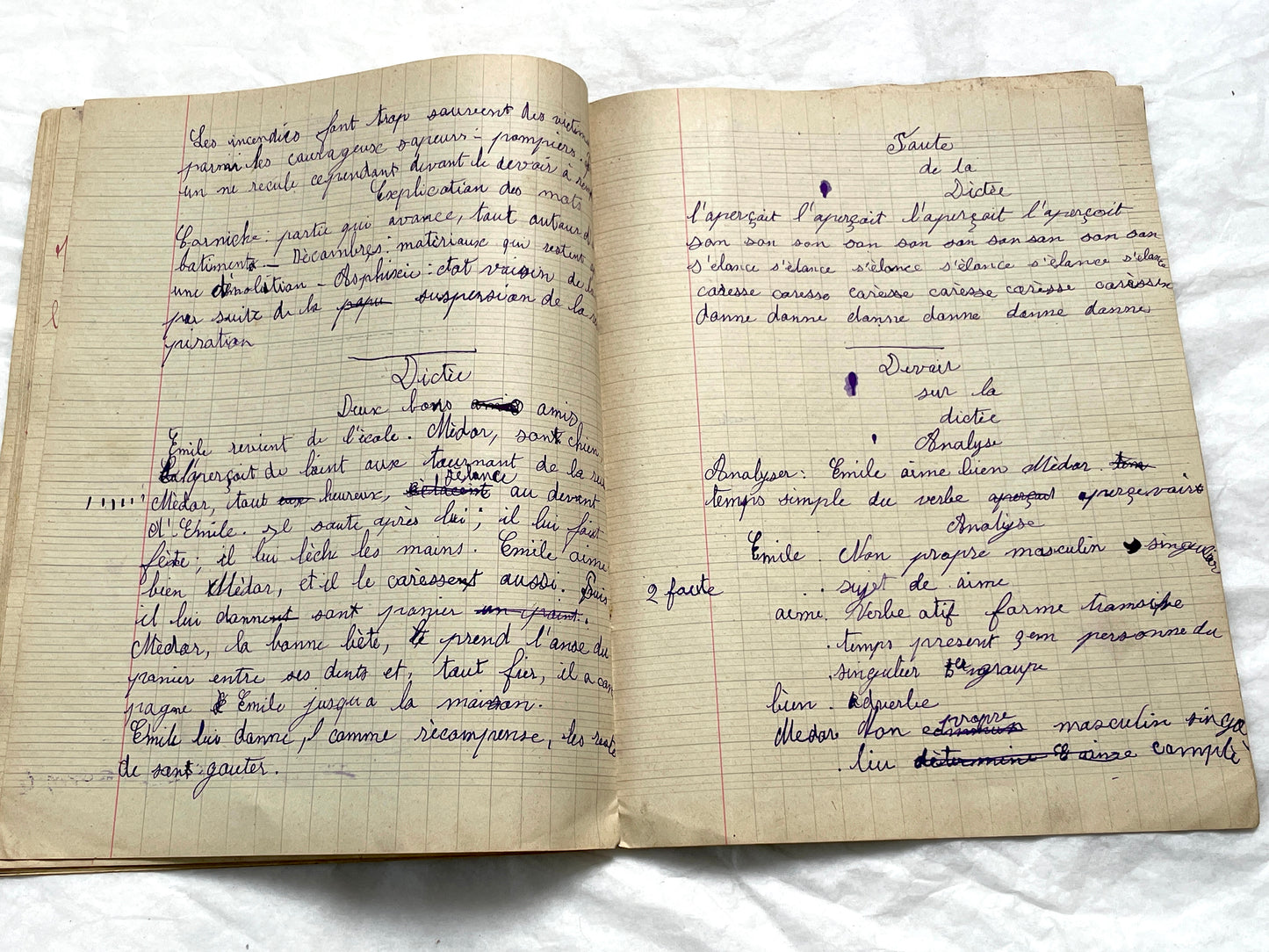1920s - French School Notebook - Young Girl's Handwritten Composition Book, Grammar & Math Exercises - Vintage French Ephemera